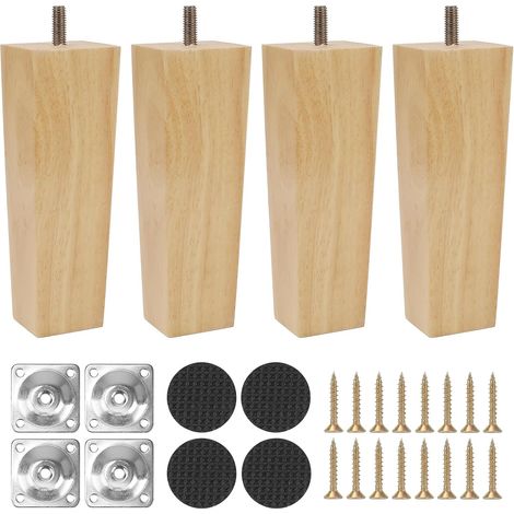 4 pieds de meuble en bois 15 cm Pieds carrés en bois Meuble pour armoire canapé lit table avec plaque de montage, patin antidérapant et vis (1/5)