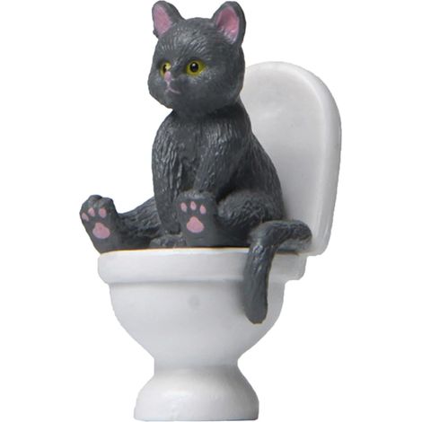 Statue en résine Chat assis sur toilettes, Figurine miniature décor animal, Sculpture ornement gris, Décoration intérieure, Cadeau original (1/5)