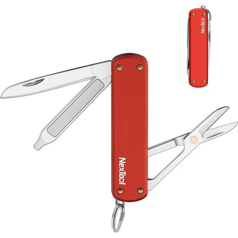Taschenmesser mit Schere, 5 Funktionen, Einhandbedienung, Schlüsselanhänger, Rosa