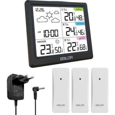 Station Météo Sans Fil - Thermomètre Hygromètre Baromètre Intérieur Extérieur - Écran LED Rétroéclairé - Horloge Numérique avec Affichage Heure Date Jour - 3 Capteurs Extérieurs - 1 Unité Principale