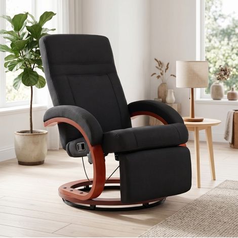 Sillón relax reclinable giratorio 360° con reposapiés, lino negro y base de eucalipto (1/5)