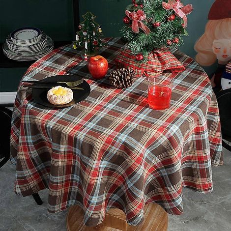 Nappe de Noël ronde style classique, rouge et blanche, diamètre 100 cm, idéale pour les fêtes et les réceptions. (1/5)