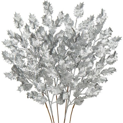 Kunstzweig Weihnachtsdeko Glitzer Eichenblätter 58cm 6PCS Silber (1/5)