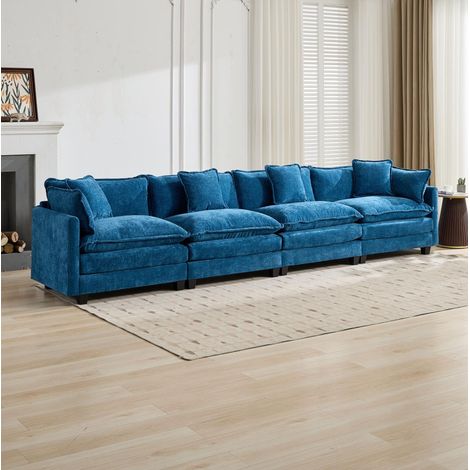 Divano modulabile 4 posti 380x75x84 cm in tessuto blu, design moderno FloraGrace (1/5)