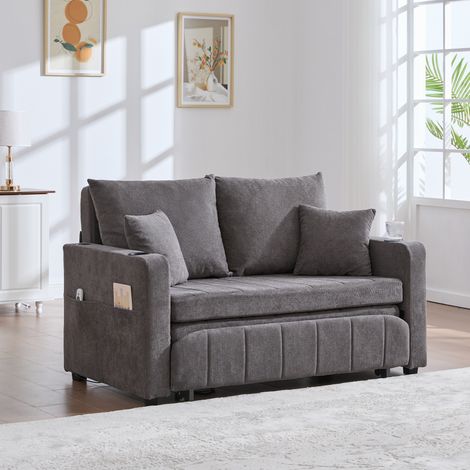 Sofá cama de chenilla gris 139x83x58 cm, convertible, con bolsillo lateral y 4 cojines (1/5)