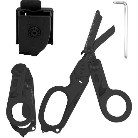 Trauma 6-in-1 Faltbare Rettungsschere, Notfall-Traumaschere, Verbandschere mit K-Schale, Schraubenschlüssel für professionelle Rettungsdienste, Outdoor-Camping (Reinschwarz)