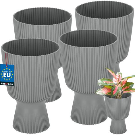 KOTARBAU® Lot de 4 Pot de Fleur  Ø 14 cm - Pot de Fleur Interieur - PVC - Pot de Fleur Exterieur - Pot pour Plante avec Socle - Nervuré - Forme de Coupe - H: 21 cm - Gris (1/4)