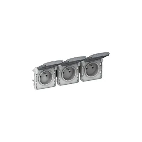 Triple prise avec terre précâblée + volet IP 55 Plexo - horizontal - Gris