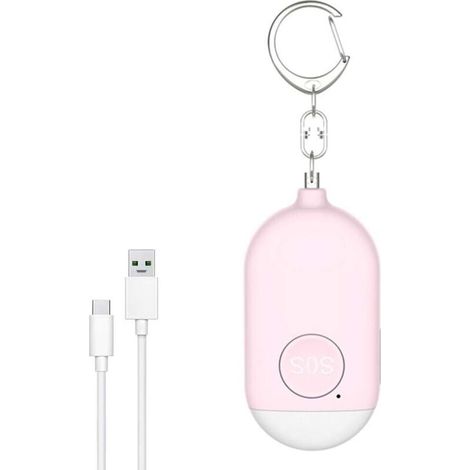 Porte-clés d'alarme personnelle de sécurité sonore, portable 1pcs 130dB Night Lighting Alarme anti-loup d'autodéfense rechargeable par USB, convient aux femmes, enfants, personnes âgées (rose) (1/5)