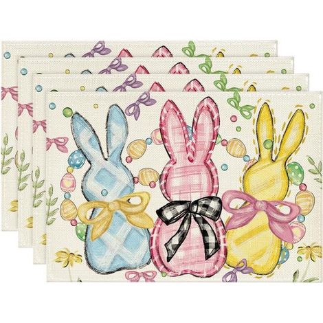 Set di 4 tovagliette pasquali (30 x 45 cm) con coniglietti, uova, fiori e nastro, perfette per le celebrazioni primaverili e pasquali. (1/5)