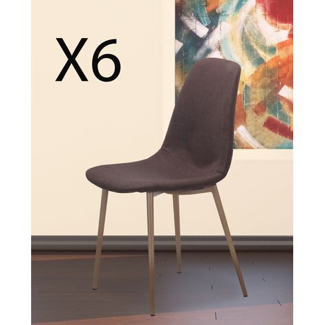 Lot de 6 chaises de salle à manger en tissu coloris marron foncé avec pieds coloris bois - Longueur 45 x profondeur 53 x hauteur 87 cm -PEGANE-