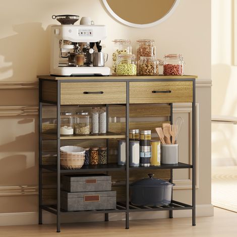 Küchen-Sideboard, Aufbewahrungsmöbel mit 2 Schubladen und 3 offenen Regalfächern, 90 x 40 x 91 cm, Holz natur und schwarz