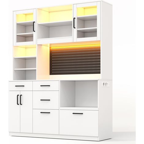 Buffet en MDF blanc avec LED, 5 tiroirs et prise intégrée, 185×145×40 cm, plan de travail multifonctionnel (1/5)