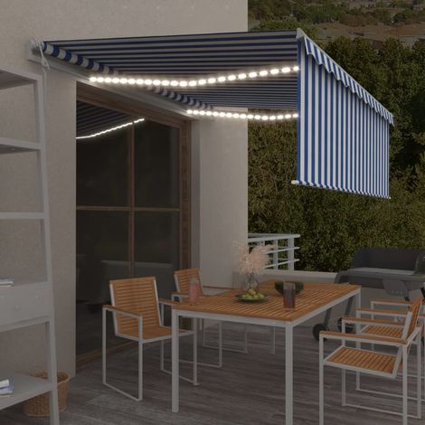Auvent, Marquise auvent de porte, Abri banne entrée protection automatique store capteur de vent LED 4,5x3 m Bleu blanc LKOWF60520 (1/5)