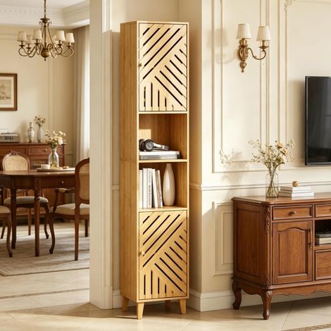 Armoire d'angle haute étroite panneau de particules avec niches ouvertes et portes bambou perforées, colonne de rangement modulable pour salle de bain entrée (1/5)