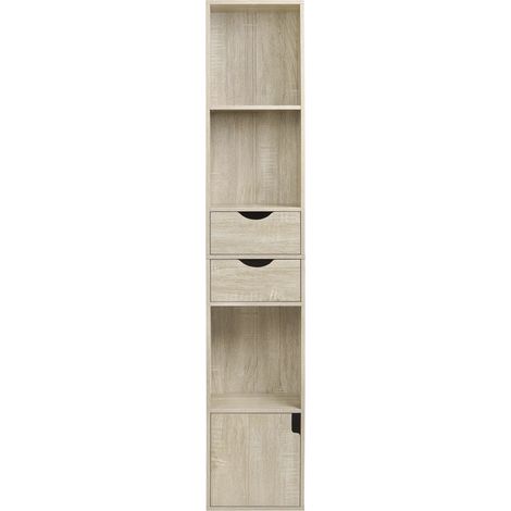 Libreria stretta da terra color rovere chiaro con 3 scomparti, 2 cassetti e anta HOMVRA (1/5)