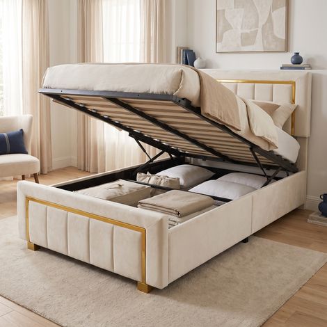 Lit coffre 90x200 cm avec sommier, lit simple adulte avec grand espace de rangement, Velours, style luxe, Beige (1/5)