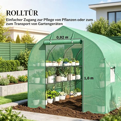 Tunnel de jardin avec étagères, porte et 6 fenêtres, serre à structure en acier galvanisé pour plantes de jardin (1/5)