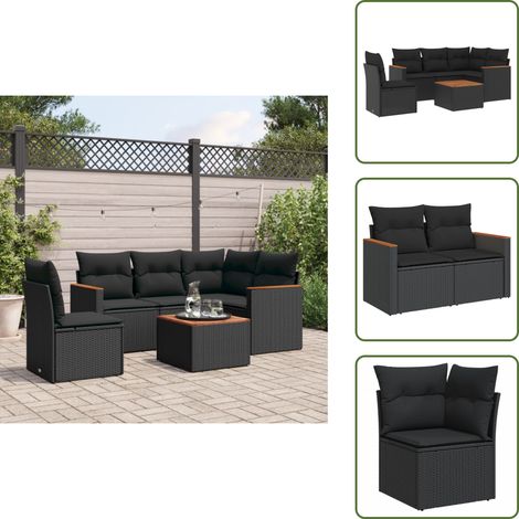 The Living Store Salon de jardin 6 pcs avec coussins noir résine tressée - Ensemble Salon De Jardin - Mobilier De Jardin - Canapé Extérieur - Table Basse Extérieure - Chaise Longue