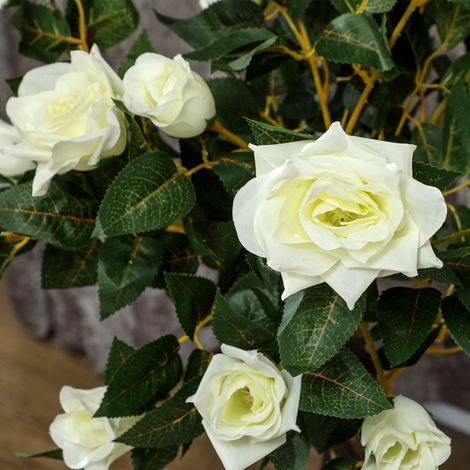 Rosier Artificiel Blanc 21 Fleurs en Pot Béton et Mousse, 18x90 cm (1/5)
