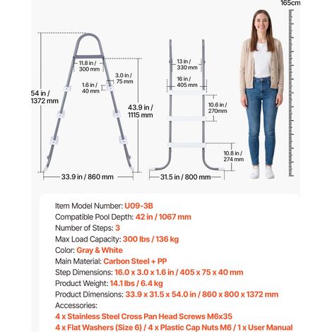 VEVOR Above Ground Pool Ladder, 3-Step Steel A-Frame Swimming Pool Stairs for 42 in High Wall, 300 lbs Capacity Entry/Exit Steps with Secure Non-Slip Sturdy Wide Step, Easy Setup, Gray & White (1/4)