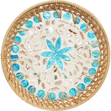 Plateau rond décoratif en rotin avec guirlande de perles en bois - Plateau en osier pour décoration de table, décoration d'intérieur, décoration bohème, présentation et rangement des aliments (1/5)