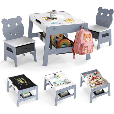 Bureau Enfant 3-10 Ans avec 2 Chaises, avec Tableau Noir/Tableau Blanc Réversible, 4 Crochets, Compartiment de Rangement et Bacs, Gris