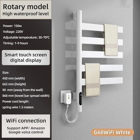 GROOFOO Radiateur Serviette Mural Blanc Chauffage Électrique Connecté Wi-Fi Salle de Bains - 150W, Étanche IPX5, Thermostat 30-70°C, Programmation 1-9h, Longueur Câble 1,5m (1/4)