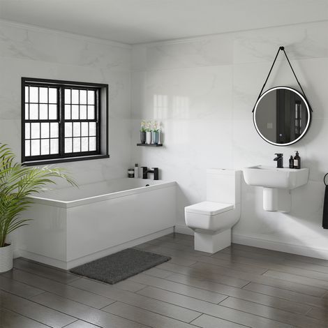 Denton White 550mm Basin and 1700mm Slim Edge Straight Single Ended Bathroom Suite including Matt Black Taps and Wastes (1/5)