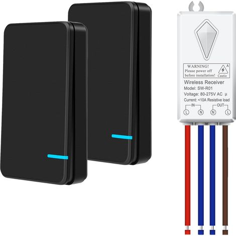 Interrupteur sans fil noir - Sans câblage, sans interférences, portée de 400 m, télécommande pour lampes, plafonniers, ventilateurs, étanche IP66 pour éclairage extérieur, 2 interrupteurs, 1