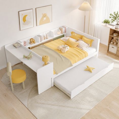 Cama doble 140x200 cm de madera blanca, ahorro de espacio para dormitorio, sin colchón (1/5)