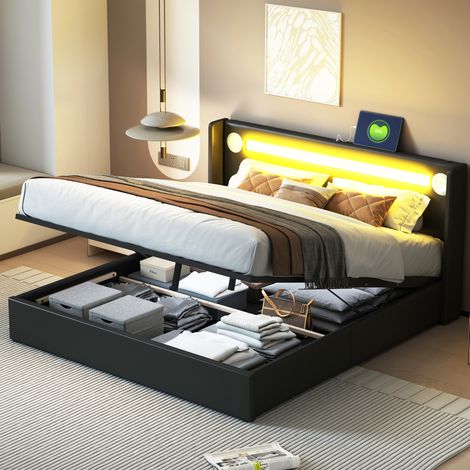 Lit coffre 160x200 LED USB Bluetooth noir OKMYHOME (1/5)