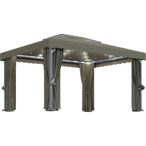 Cenador con cortina y tira de luces LED aluminio taupé 4x3 m vidaXL (1/2)