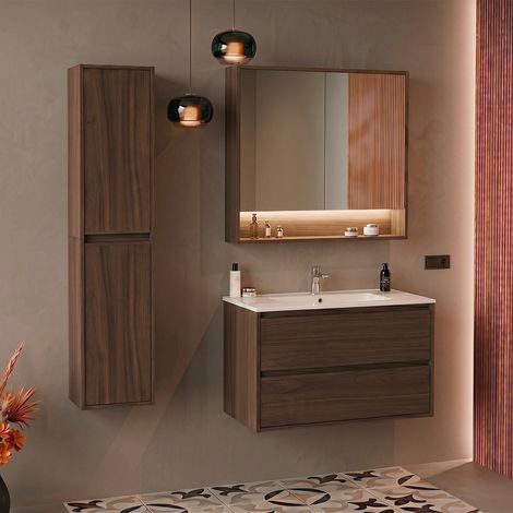 Conjunto mueble con lavabo empotrado de 80 cm columna y armario con espejo Edmé madera oscura (1/4)