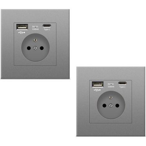 2 prise murale grise avec USB et Type C, prise de courant en verre, 5v, 2100mA-DOU