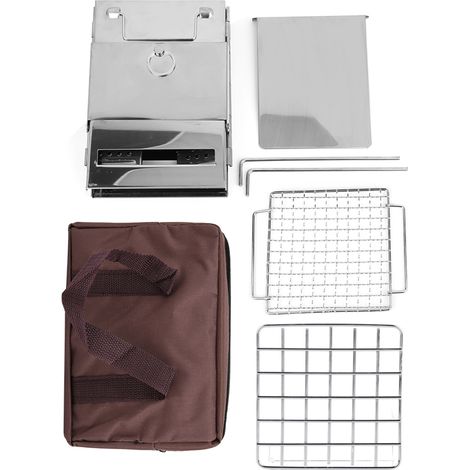 Poêle à Bois Pliable Intégré, Gril BBQ Camping Acier Inoxydable à Broches (1/5)