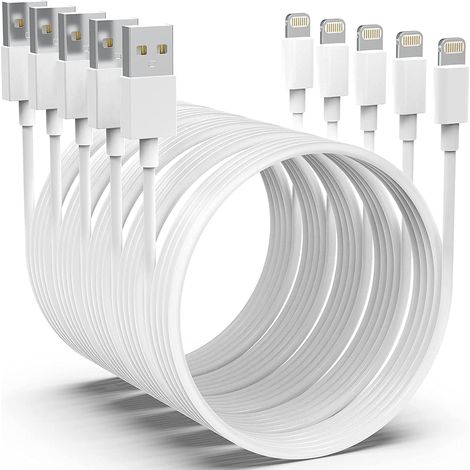 Lot de 5 chargeurs iPhone : câbles Lightning de 1,8 m (6 pi), 1,8 m (6 pi) et 3 m (10 pi) de long, charge rapide, compatibles avec les iPhone 14, 14 Pro Max, 13, 12 et 11. (1/5)