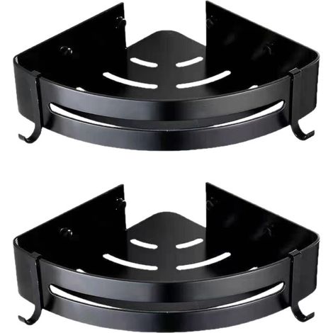 Eckregal fürs Badezimmer, Duschregal ohne Bohren, selbstklebender Duschkorb aus Aluminium für Shampoo, Seife, Handtuch, mit Haken (Dreieckig, Schwarz, 2 Stück) (1/5)