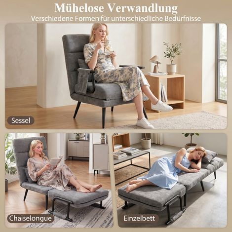 Fauteuil convertible 3-en-1 pliable avec fonction lit, 186 x 60 cm, dossier réglable sur 5 positions (1/5)