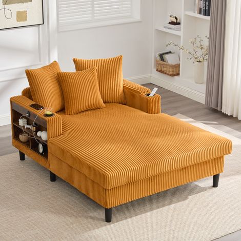 Méridienne velours côtelé avec LED USB, fauteuil relax chaise longue rangement, 2 porte-gobelets et poche, 129x170x70 cm, orange