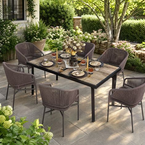 Tavolo da giardino rettangolare 145 x 85 cm per 6 persone, piano effetto legno, acciaio grigio (1/5)