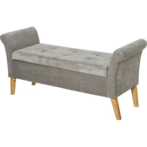 Banc vintage gris avec rangement caché, pouf capitonné, assise rembourrée pour entrée ou chambre, avec accoudoirs, meuble pratique et décoratif. (1/5)