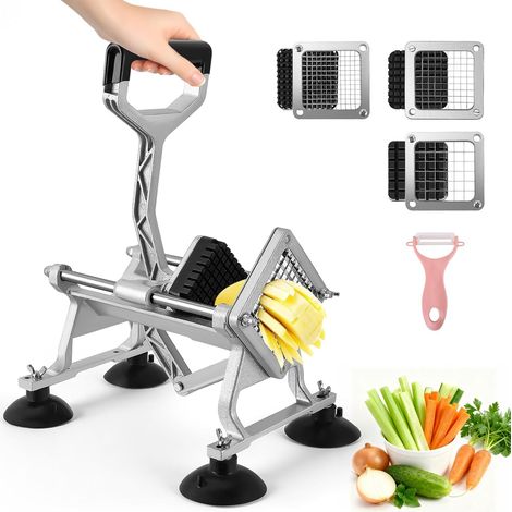 1 Coupe Frites Professionnel, 3 Lames Acier Inoxydable, Corps Alliage Aluminium, Ventouse Murale, Cuisine Légumes (1/5)