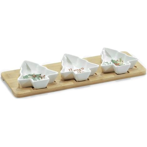 TrAdE Shop Traesio - Antipastiera Elegante 3 Posti Con Ciotole In Ceramica Forma Albero Natale Base In Bambù - (1/3)