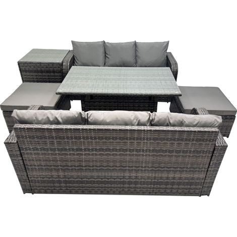 Fimous 8 Seat Outdoor Wicker PE Rattan Garden Furniture Set Dining Table Sofa Set with 2 Big Stool Side Table Dark Grey Mixed (1/5)