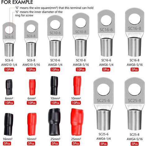 120 Pièces Cosse à Sertir Kit Cosses Electriques pour Voiture avec Sertir Bornes de Batterie Connecteur SC Aperçu de la Bouche et Isolation Bottes Rouges Noir, (1/5)