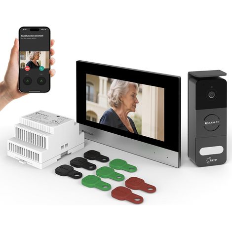 Visiophone 2 Fils sans polarité, écran Tactile 7 Pouces, accès à Distance Via l'application, Cartes RFID pour Porte d'entrée et Garage, caméra HD, Vision Nocturne, sans Frais mensuels (1/5)