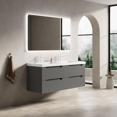 Mobile bagno sospeso 120x46x62.2 cm - mobile sottolavabo sospeso con doppio lavabo integrato in pietra artificiale - multistrato - antracite