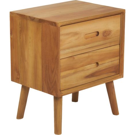 Table de chevet H. 55 cm 2 tiroirs pieds évasés bois de teck - COMÈTE (1/5)
