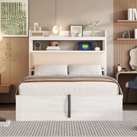 Cadre lit 90x200 avec relevage hydraulique, ports USB, tête tapissée, style vintage bois/métal, coffre dissimulé, lit une place, meuble chambre contemporain, blanc (1/5)